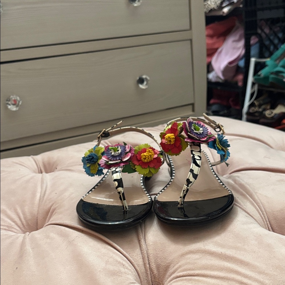 Betsey Johnson Black Sandals with Multicolor Floral Accents